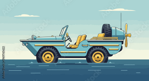 Amphibious Vehicle Driving on Water, Vintage Style
