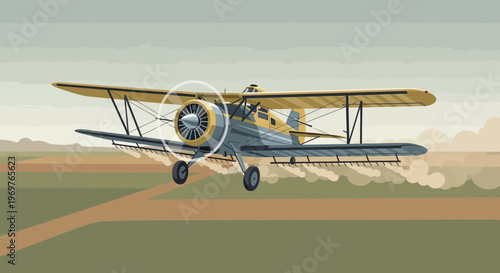 Biplane Crop Duster Flying Low Over Field Spraying Pesticides