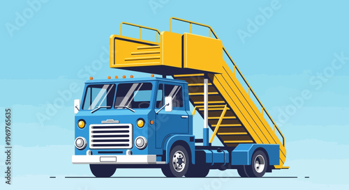 Blue airport passenger stairs truck vehicle with yellow stairs against blue sky