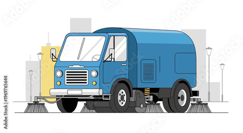 Blue street sweeper truck cleaning city street with brushes
