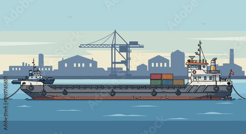 Cargo ship docked in industrial harbor with cranes and buildings.