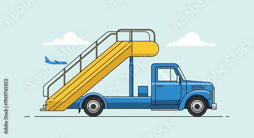 Blue airport stairs truck with airplane in background