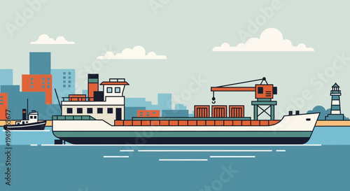 Cargo ship with crane and containers in a harbor with city skyline and tugboat