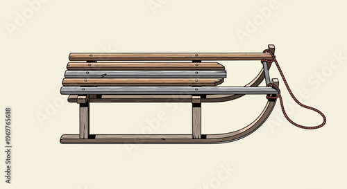Classic wooden sled with rope on neutral background