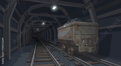 Coal mine cart on tracks in dark tunnel, mining industry illustration