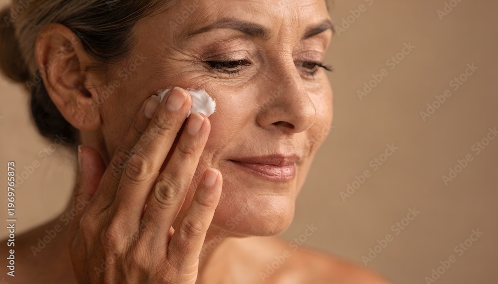 Fototapeta premium Natural Beauty: Confident Mature Woman Apply Gentle Facial Moisturizer for Radiant Skin, Self-Care Routine for Face Hydration, Wellness Lifestyle