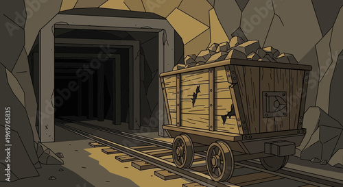 Mining cart full of coal on tracks inside a dark mine tunnel