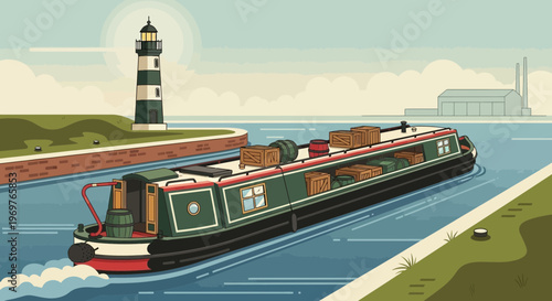 Narrowboat canal boat with cargo, lighthouse and industrial building in background