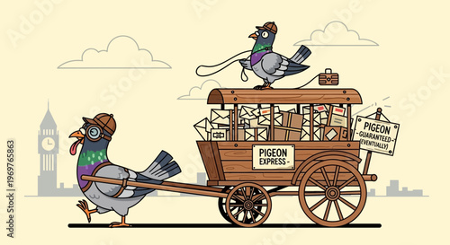 Pigeon Express delivery cart pulled by pigeons with London skyline background