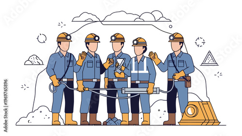 Team of hard-working Miners: A united team of hardworking miners stands confidently against a backdrop of the mine entrance, holding tools and gear, ready to extract valuable resources
