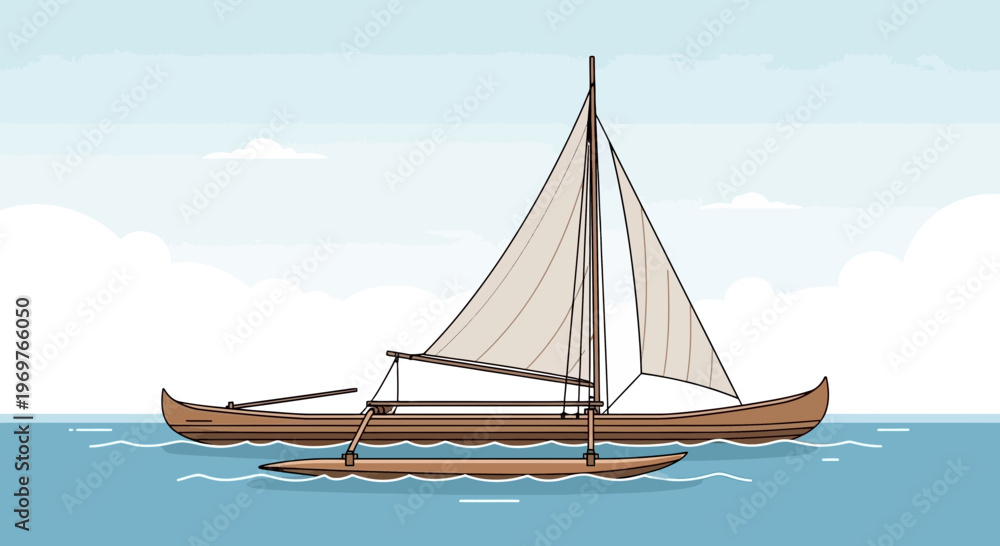 Fototapeta premium Traditional outrigger canoe sailing on calm blue water with clouds