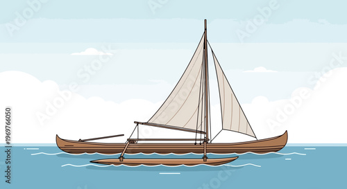 Traditional outrigger canoe sailing on calm blue water with clouds
