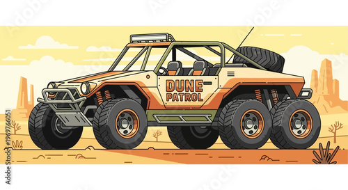 Six-wheel dune buggy "Dune Patrol" in desert landscape