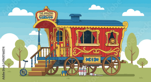 Vintage Circus Wagon with Lion and Unicycle