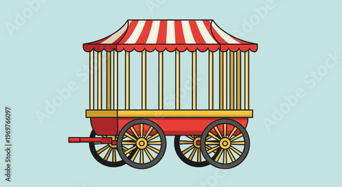 Vintage circus wagon with red and white striped canopy on a light blue background