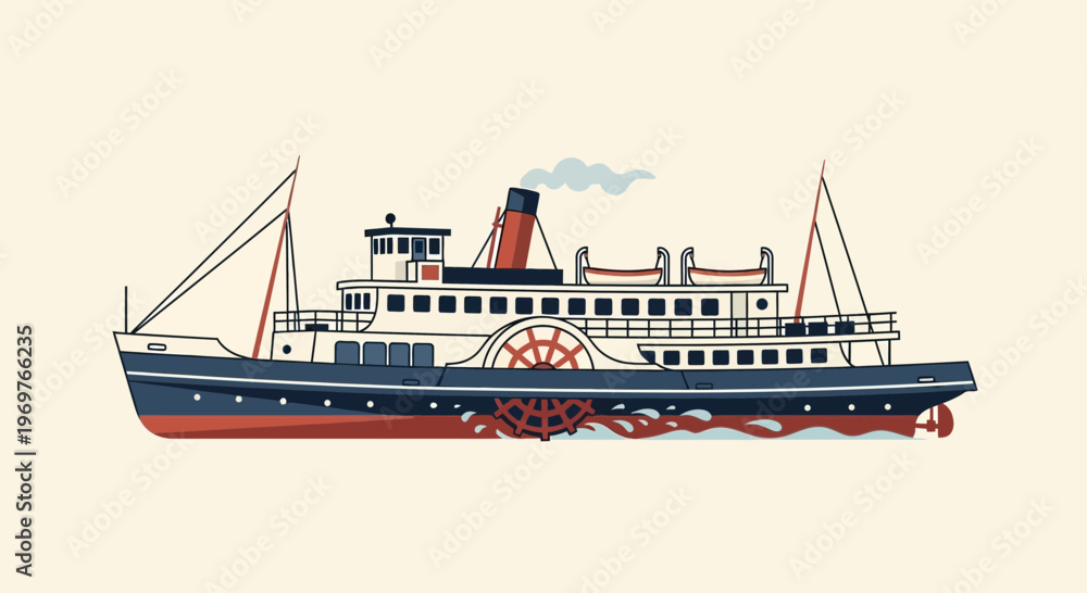Fototapeta premium Vintage paddle steamer boat on calm water, retro travel illustration