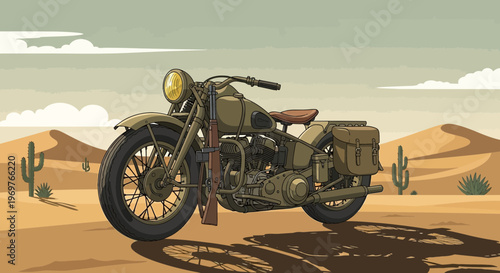 Vintage military motorcycle with rifle in desert landscape