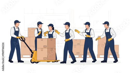 Warehouse Workers Collaboration: An illustration of warehouse workers, diligently coordinating efforts to handle parcels and packages.
