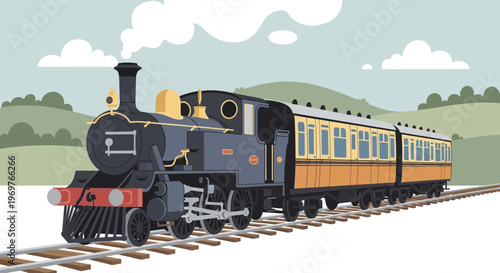 Vintage Steam Train with Passenger Cars Traveling on Tracks Through Rolling Hills