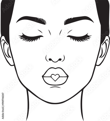 A tender expression of love and serenity is captured in a minimalist style, presenting a young face with closed eyes and a heart-shaped design on the lips.