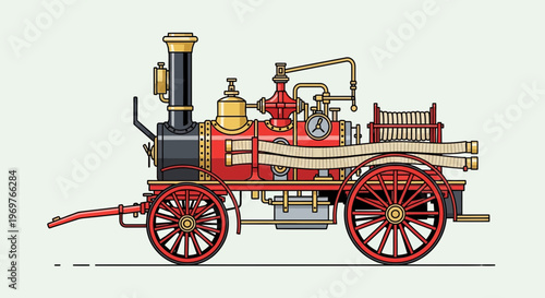 Vintage steam fire engine, historical firefighting equipment, red and gold illustration