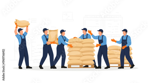 Teamwork in Warehouse: A diligent team of warehouse workers collaborate efficiently, stacking heavy bags on a pallet, showcasing the essence of industry and logistics. 