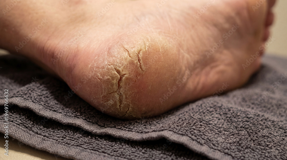Naklejka premium Close-up of a severely dry and cracked heel, highlighting common foot care issues and skin conditions
