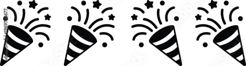 Four party poppers exploding with confetti in a celebratory display