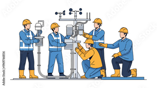 Weather Station Crew: Dedicated technicians meticulously install a sophisticated weather station, ensuring precision and accuracy in capturing meteorological data