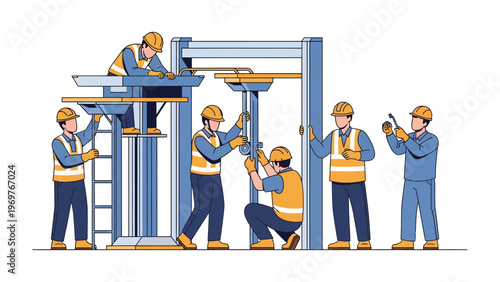 Constructing the Future: A skilled team of construction workers diligently collaborate on a building project, representing the embodiment of progress, precision.