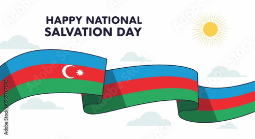 Azerbaijan flag ribbon waving with text happy national salvation day on white background with sun and clouds