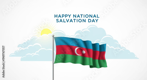 Azerbaijan flag waving on a pole with mountains and sun national salvation day celebration