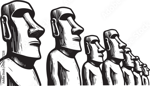 Moai statues, Easter Island line art illustration isolated