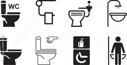 Toilet icon set. WC and Public bathroom symbol. Washroom sign. Vector illustration.