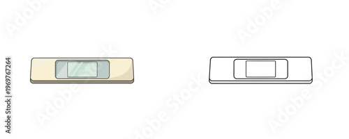 Microscope glass slides with mounted specimen in flat colored and black line art cartoon styles representing laboratory equipment for scientific research on a plain white background