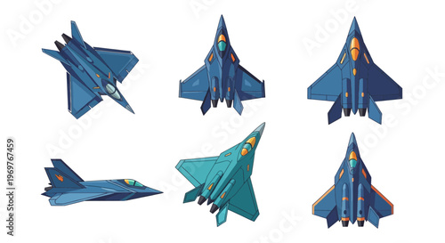 Set of Futuristic Fighter Jet Aircraft Vector Illustrations Isolated on White Background