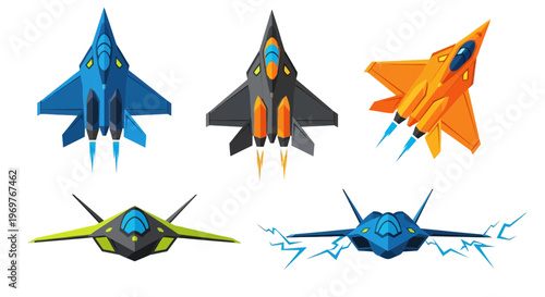 Set of Futuristic Modern Fighter Jet Aircraft Vector Illustrations Isolated on White Background