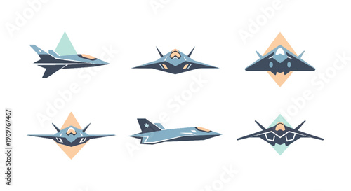 Modern and Futuristic Stealth Fighter Jet Aircraft Collection Vector Illustration Set in Minimalist Flat Style.