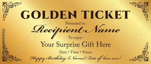 Golden ticket template with elegant vintage ornaments, gift voucher illustration, luxury surprise certificate for birthday or event