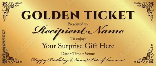 Golden ticket template with elegant vintage ornaments, gift voucher illustration, luxury surprise certificate for birthday or event