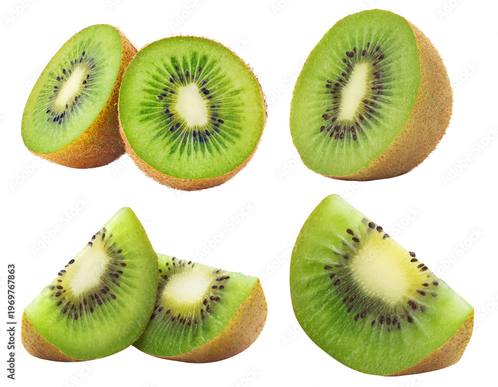 Fototapeta premium Fresh green kiwi fruit slices and halves isolated on transparent background. Healthy diet and vegetarian organic food concept element
