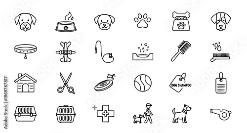 A collection of dog care and pet grooming icons in a flat minimal style