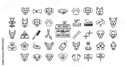 A collection of dog-themed vector icons and illustrations for pet shop branding