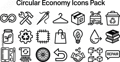 An extensive pack of modern line icons depicting various important aspects of the circular economy concept and sustainability.