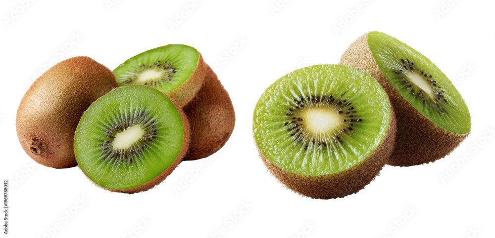 Fototapeta premium Group of fresh whole kiwi and cut halves isolated on transparent background. Ripe green kiwifruit for healthy vegan dessert or juice design