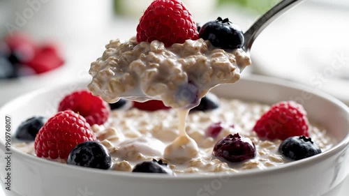 Close-up of hand using spoon to scoop oatmeal topped with fresh raspberries and blueberries in a white bowl on a bright kitchen table with blurred background