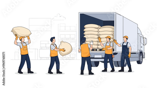 Loading Grain Bags: A team of diligent workers is shown actively loading grain bags onto a large truck for delivery.