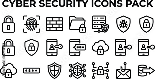 This comprehensive cyber security icons pack features various essential elements for digital protection, data privacy, and online safety.