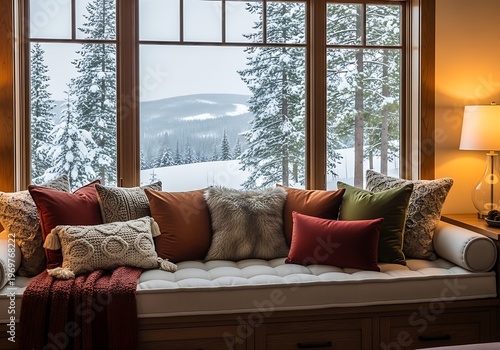 Cozy living room with a snowy forest view through large windows