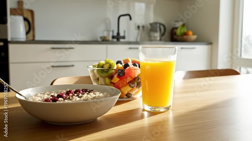 Breakfast scene featuring bowl of oatmeal with berries, fruit salad, and orange juice on wooden table in bright kitchen with modern appliances and natural light